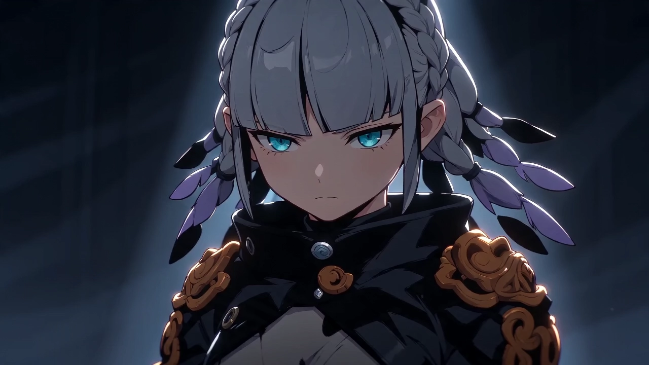 An anime girl with silver braids and blue eyes stares ahead in the dark.