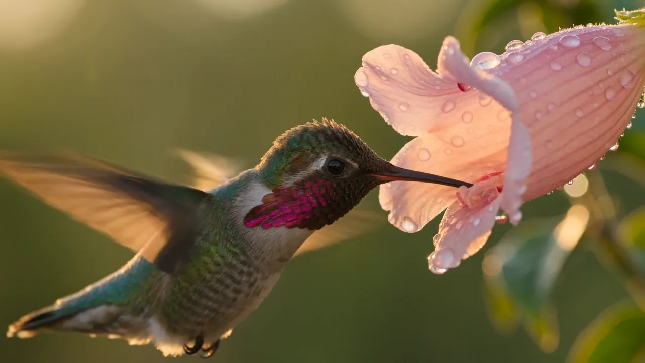 夕暮れ時、露に濡れたピンクの花のそばでハチドリがホバリングしている。