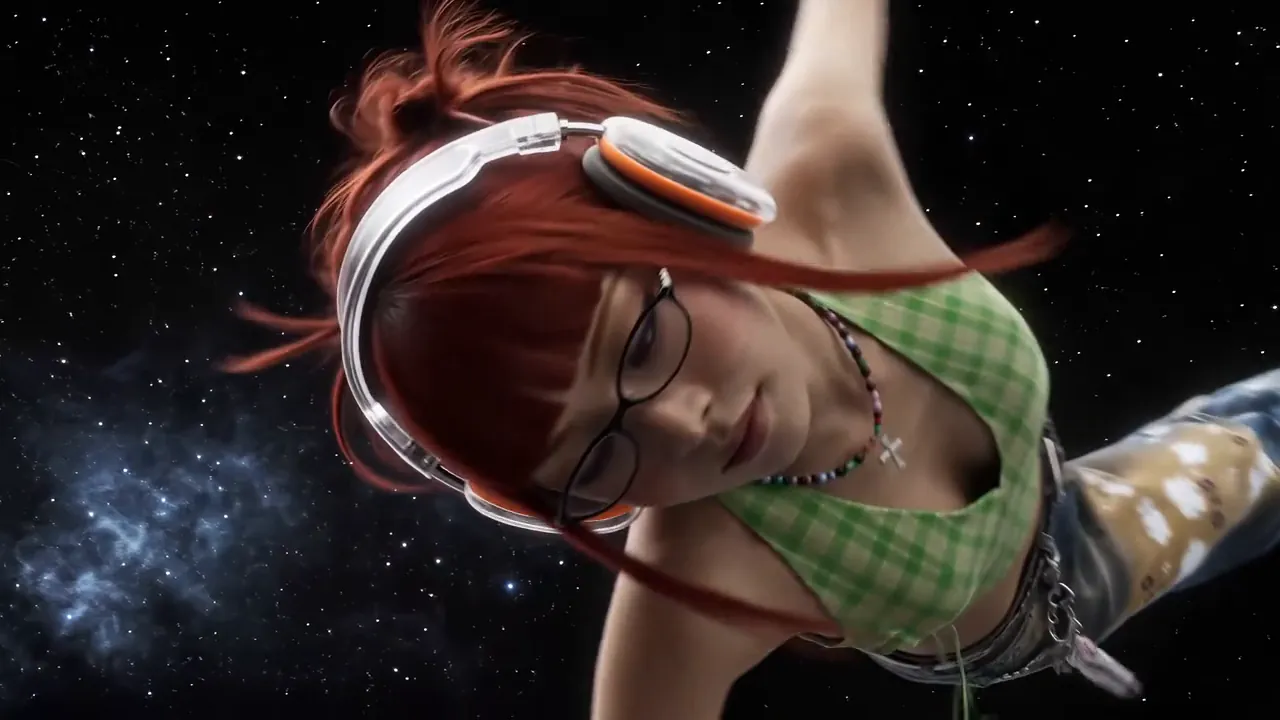 ヘッドホンをつけ緑のトップスを着た赤髪の女性が星空に浮かび、カメラから遠ざかっていく。