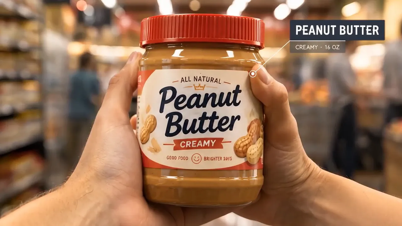 手に持ったピーナッツバターの瓶がスーパーの中を運ばれ、PEANUT BUTTER と書かれたラベルがずっと横に付いている。
