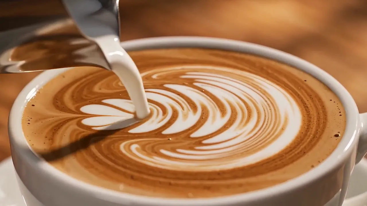 スチームミルクがコーヒーに注がれ、リーフの模様ができていく。