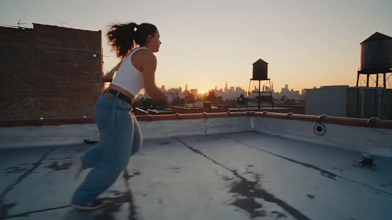 白いトップスとジーンズの若い女性が、夕暮れの街の屋上を走って飛び越えていく。