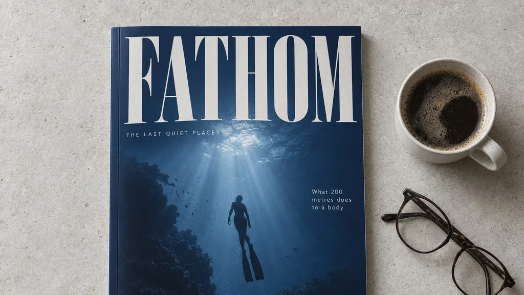 青い水中光の中のフリーダイバーを表紙にした雑誌 FATHOM が、コーヒーカップと眼鏡の横に置かれている。