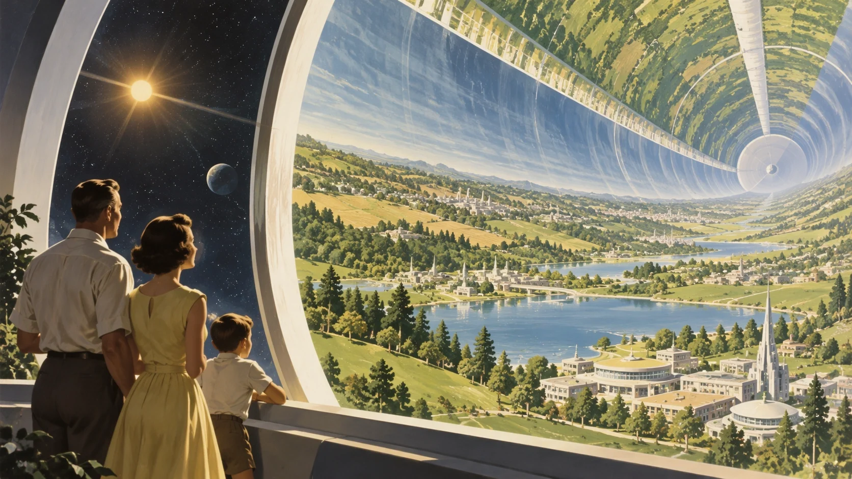 1950 年代風のイラスト。窓辺の家族が、円筒形の宇宙居住区の中に広がる畑、湖、町を見渡している。