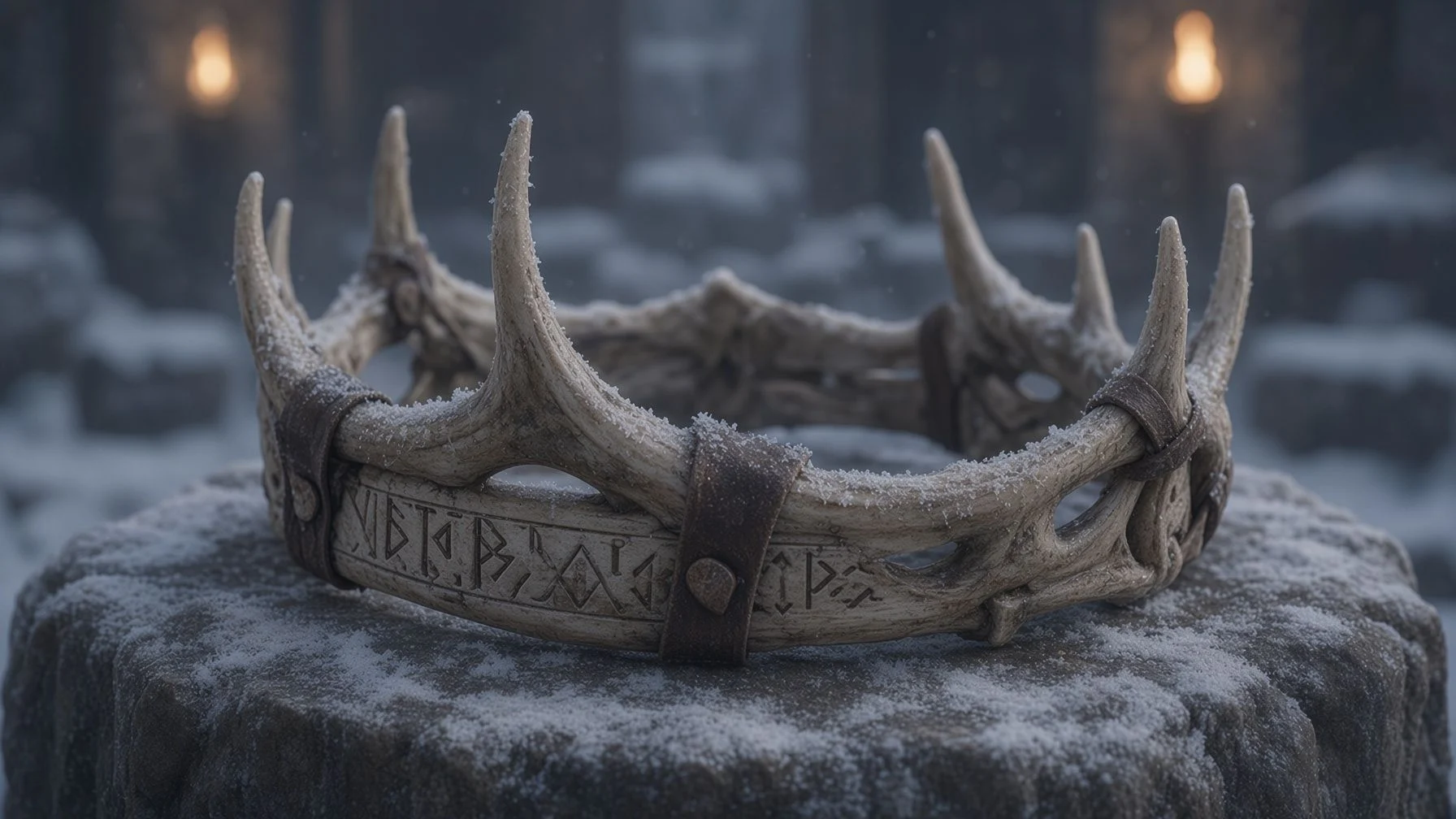 A crown made of frosted antlers and carved runes resting on a snowy stone plinth between two torches.
