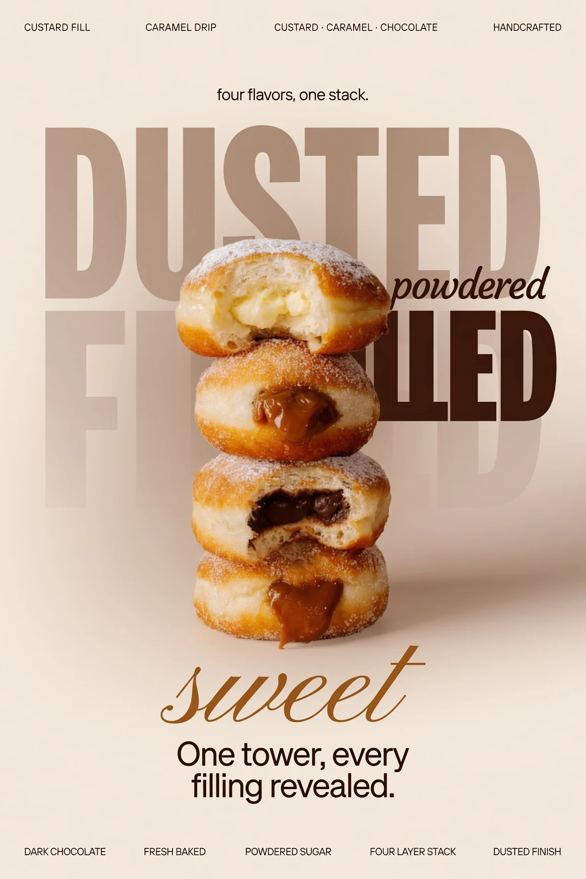 A product poster of four filled donuts stacked in a tower under large type reading Dusted and Filled.