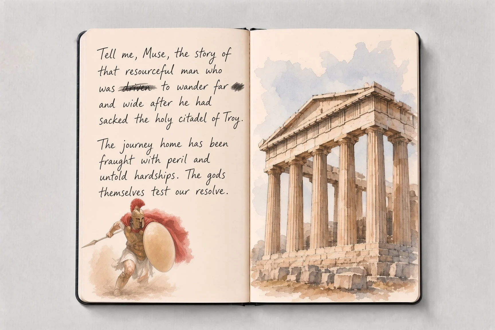 An open sketchbook with handwritten lines from the Odyssey, a watercolor Greek warrior and a painted temple.