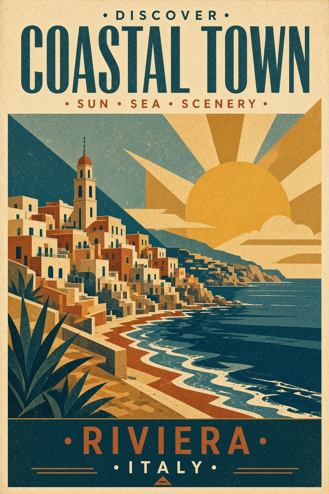 A vintage travel poster of a hillside coastal town and a rising sun, titled Discover Coastal Town, Riviera Italy.