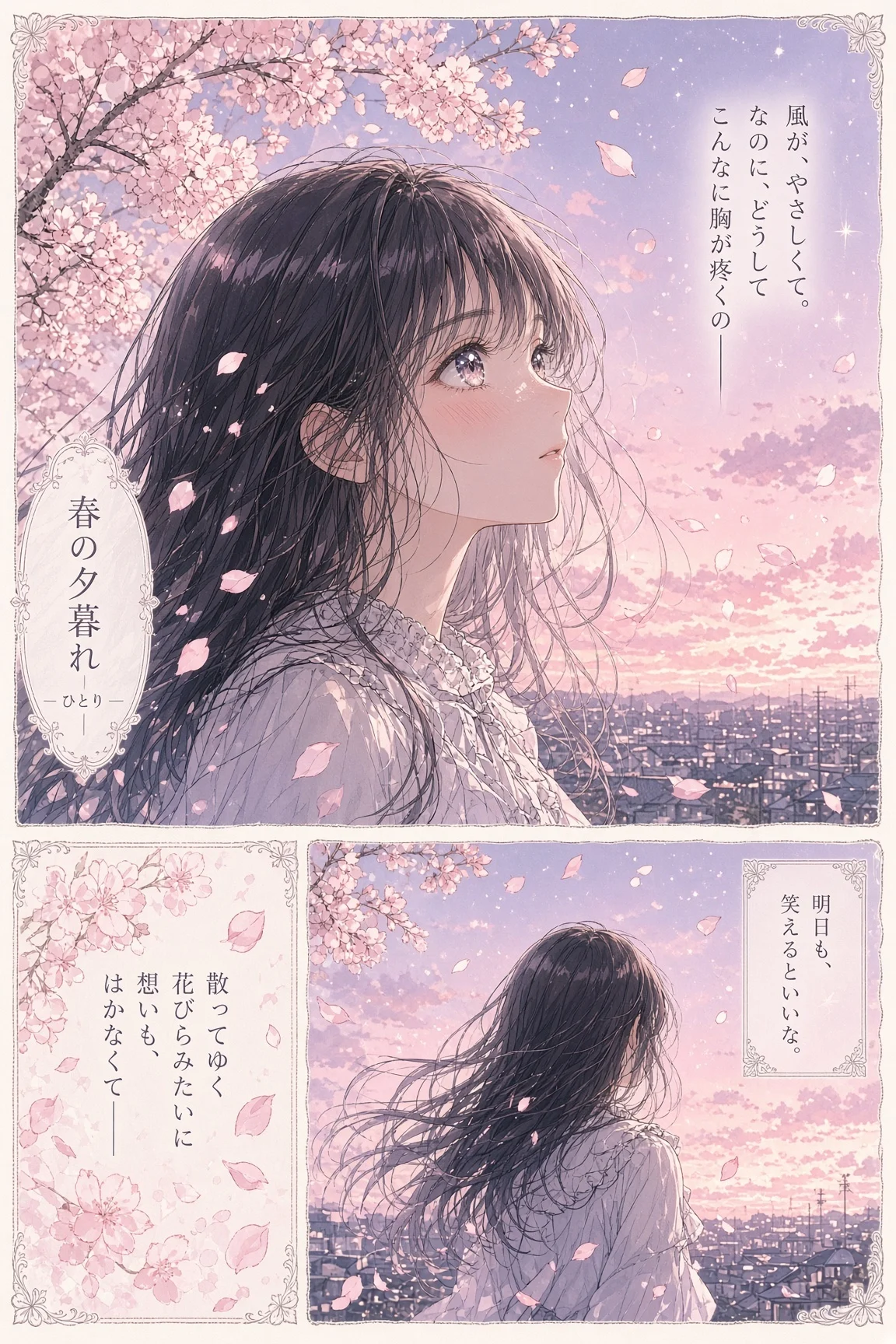A manga page with three panels of a girl among falling cherry blossoms, with Japanese text in vertical speech boxes.