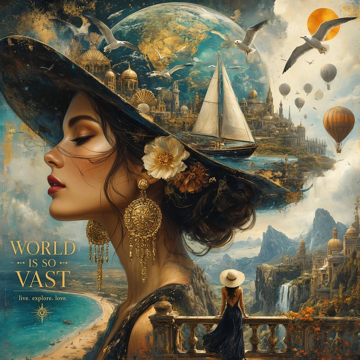A painted poster of a woman in profile whose wide hat holds a floating city, a sailing ship and hot-air balloons, with the words World Is So Vast.