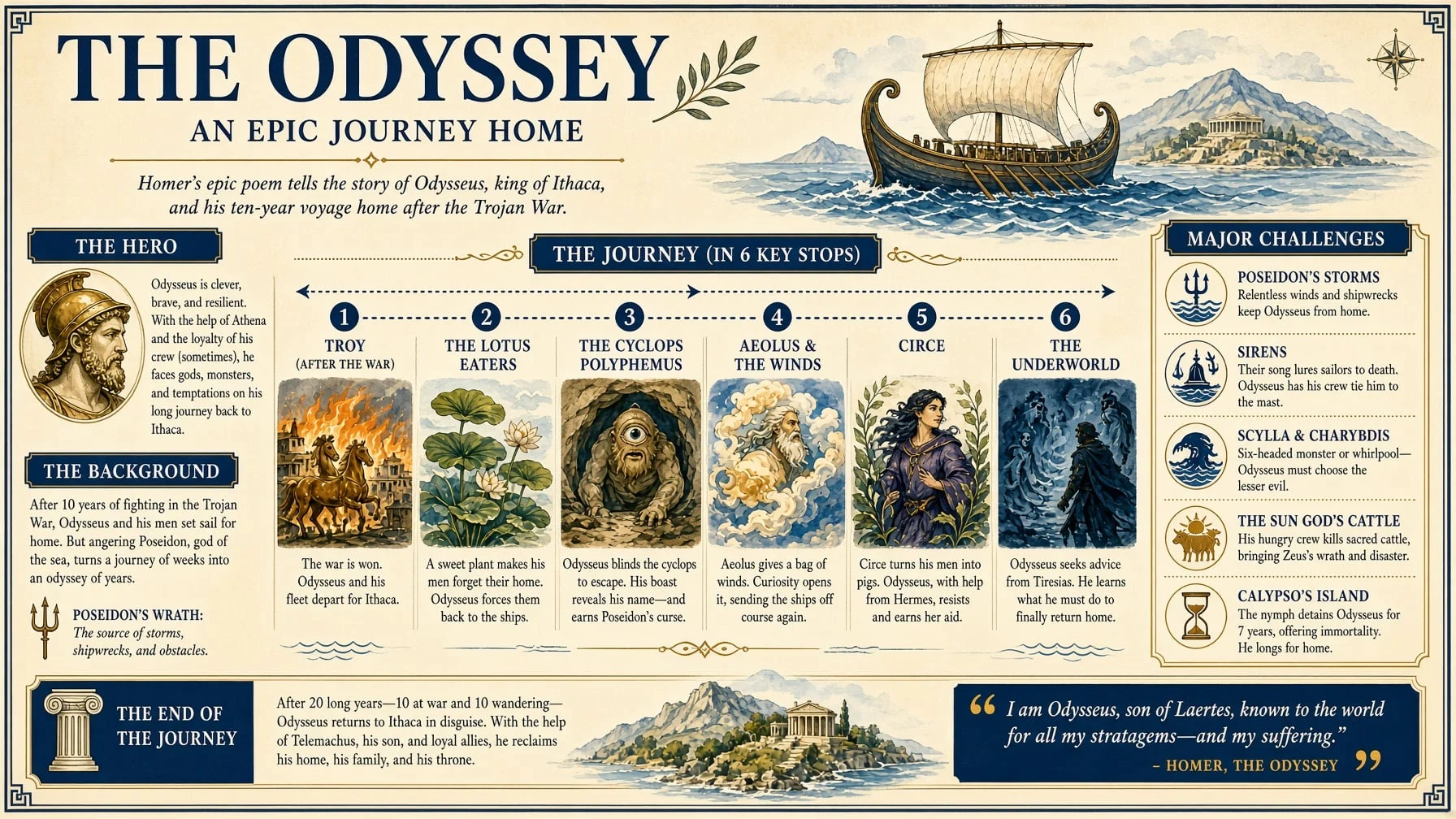 An infographic titled The Odyssey, with six illustrated stops on a numbered route and side panels on the hero and his challenges.