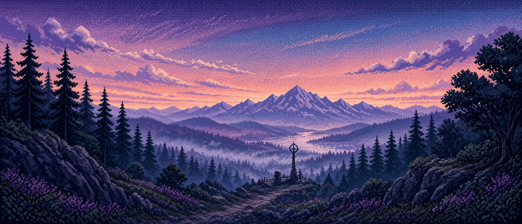 A pixel-art landscape of pine forests and misty valleys under a purple and orange sunset, with a lone monument on a hill.