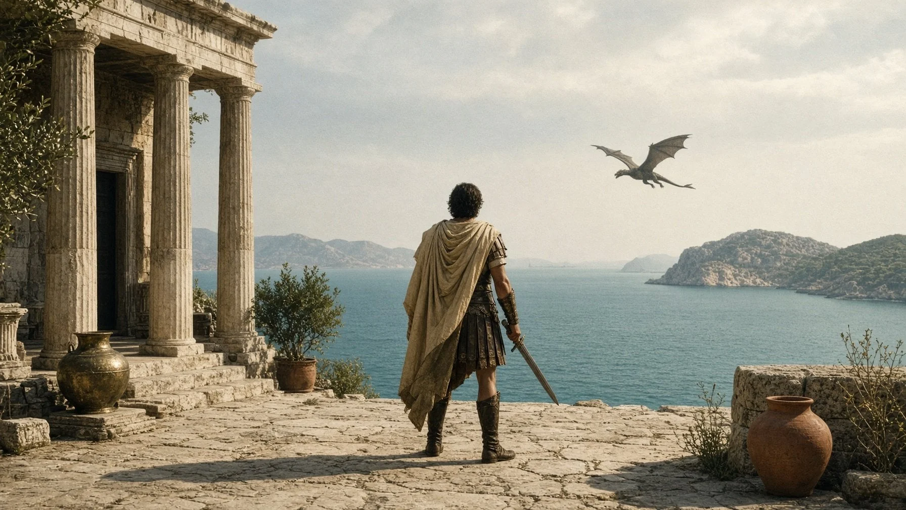 A warrior in a cloak stands on a stone terrace by a Greek temple and watches a dragon fly over the sea.