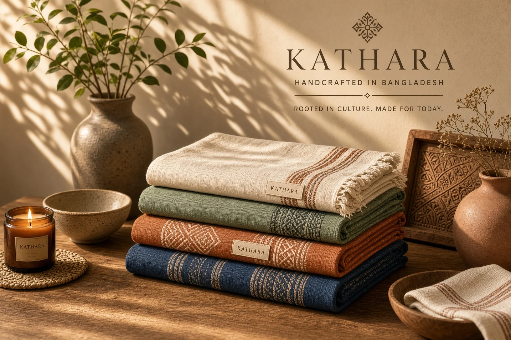 Folded handwoven throws in cream, green, rust and navy stacked on a wooden table beside a candle and ceramic vases.