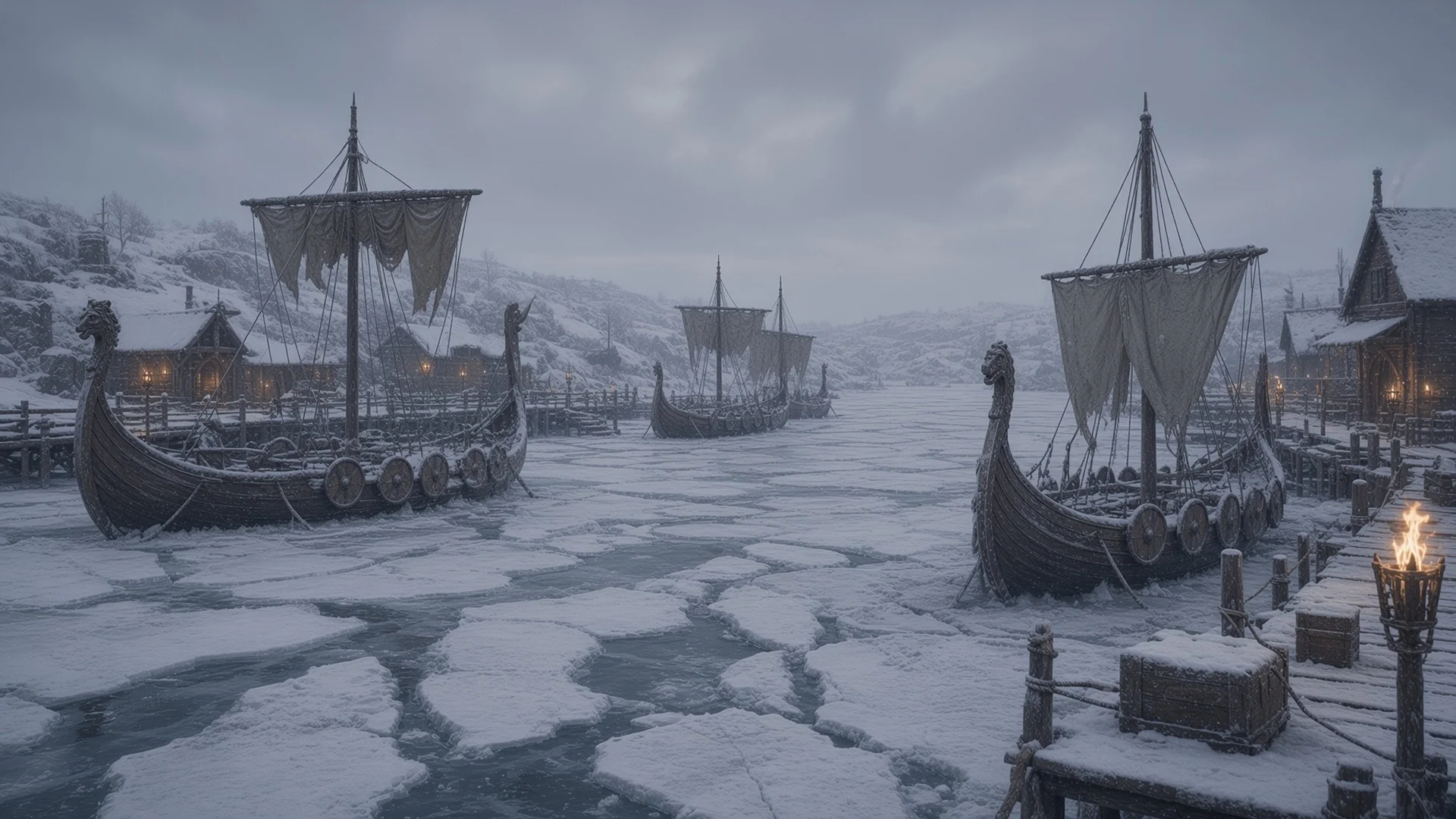 Viking longships frozen into an icy harbor, with snow-covered huts and a lit brazier on the dock.