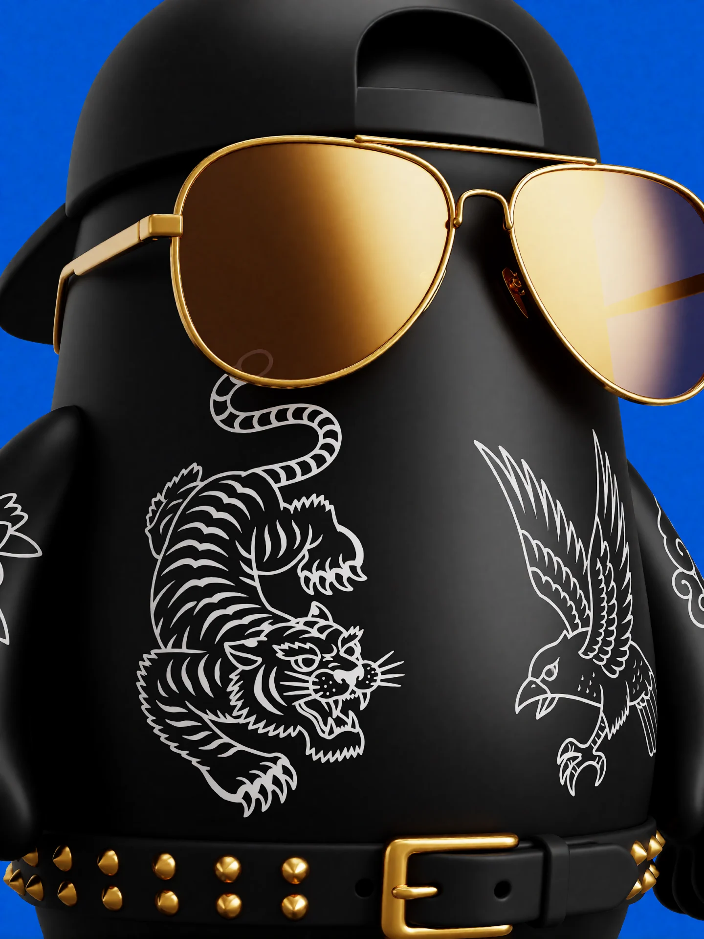 A matte black designer toy in a backward cap and gold aviators, with white tiger and bird tattoos, on a blue background.