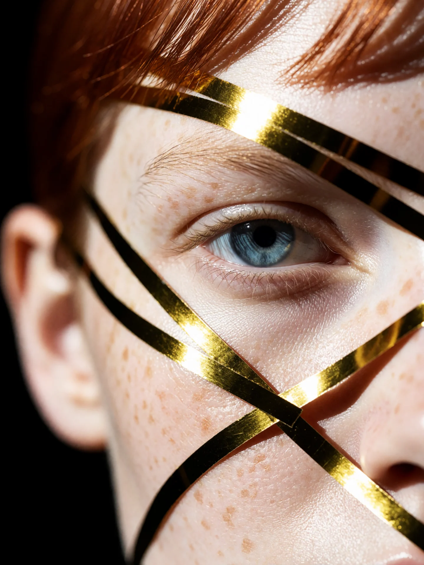 A freckled face with one blue eye, wrapped in thin gold ribbons against a black background.