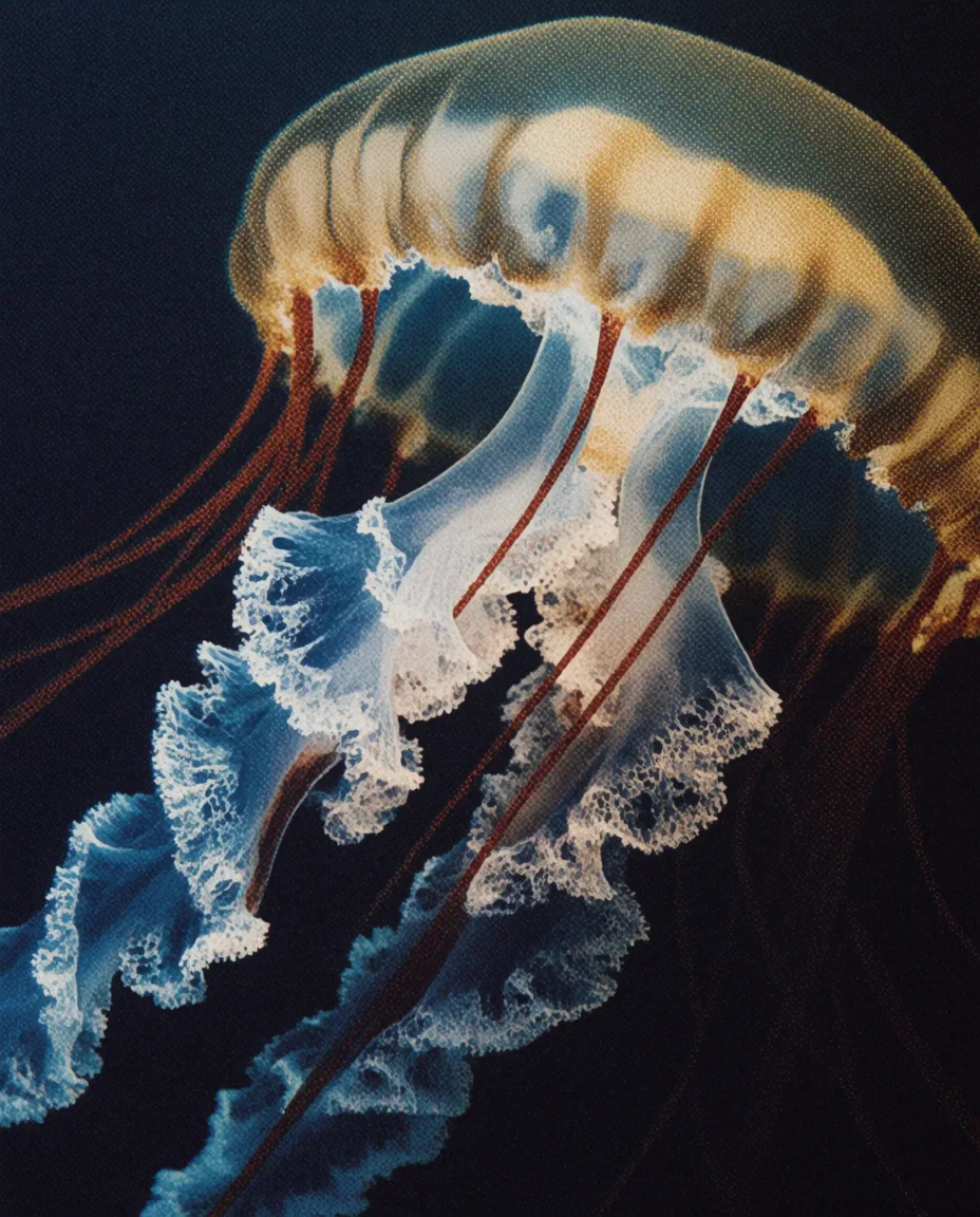 An amber jellyfish with ruffled blue tentacles drifts through dark water.