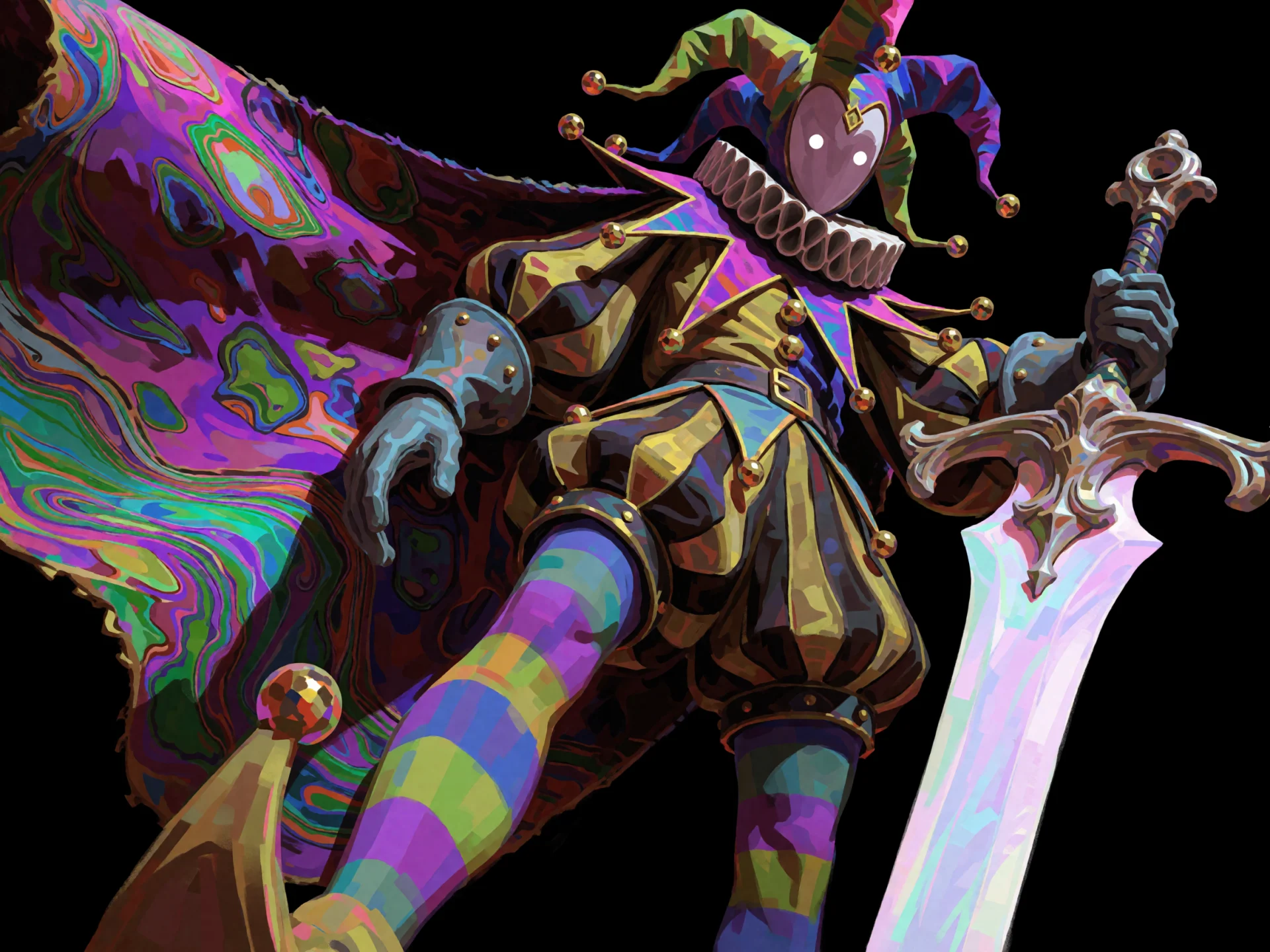 A jester in a belled hat and harlequin shorts lunges forward with a sword against a black background.