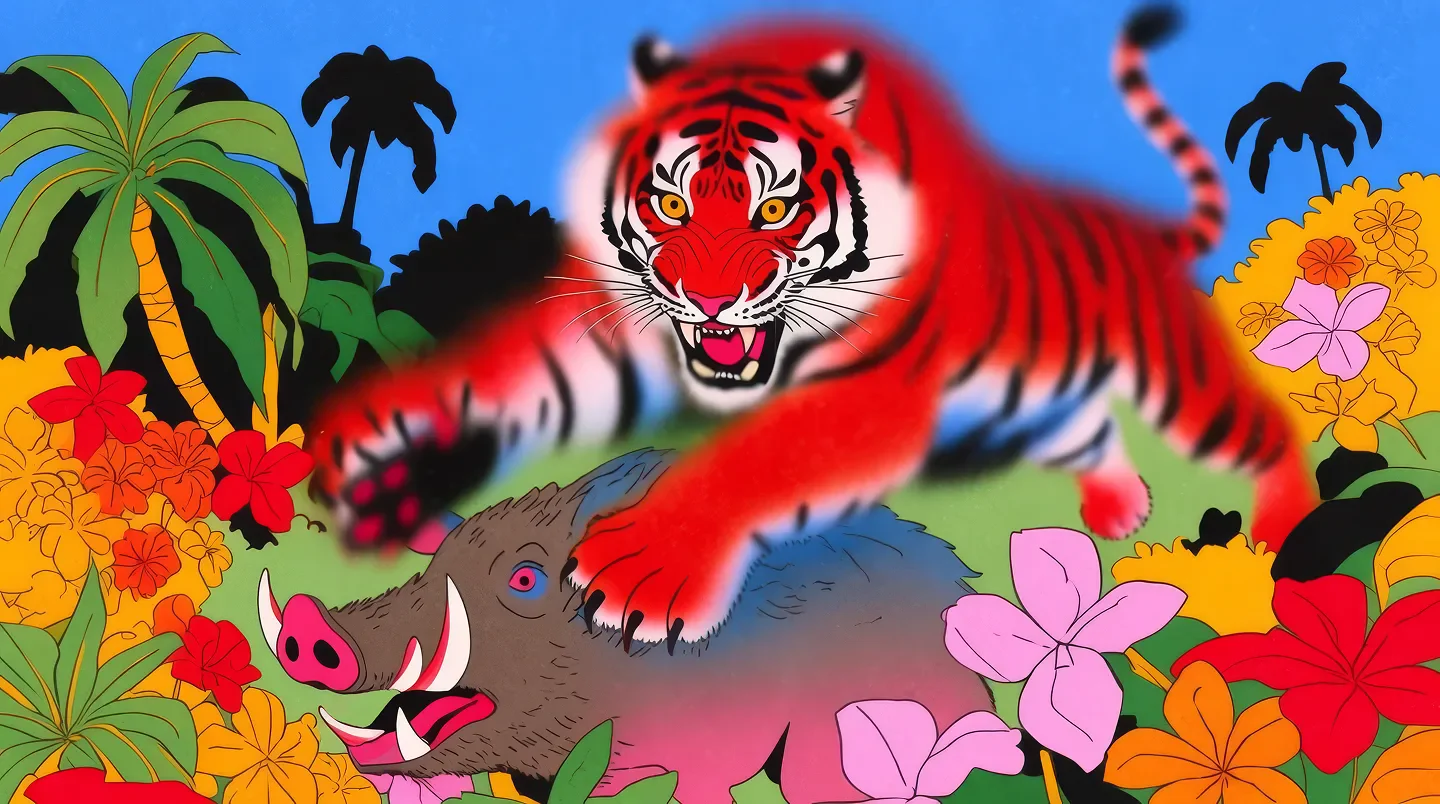 A red-striped tiger leaps over a wild boar among bright tropical flowers and palm trees.