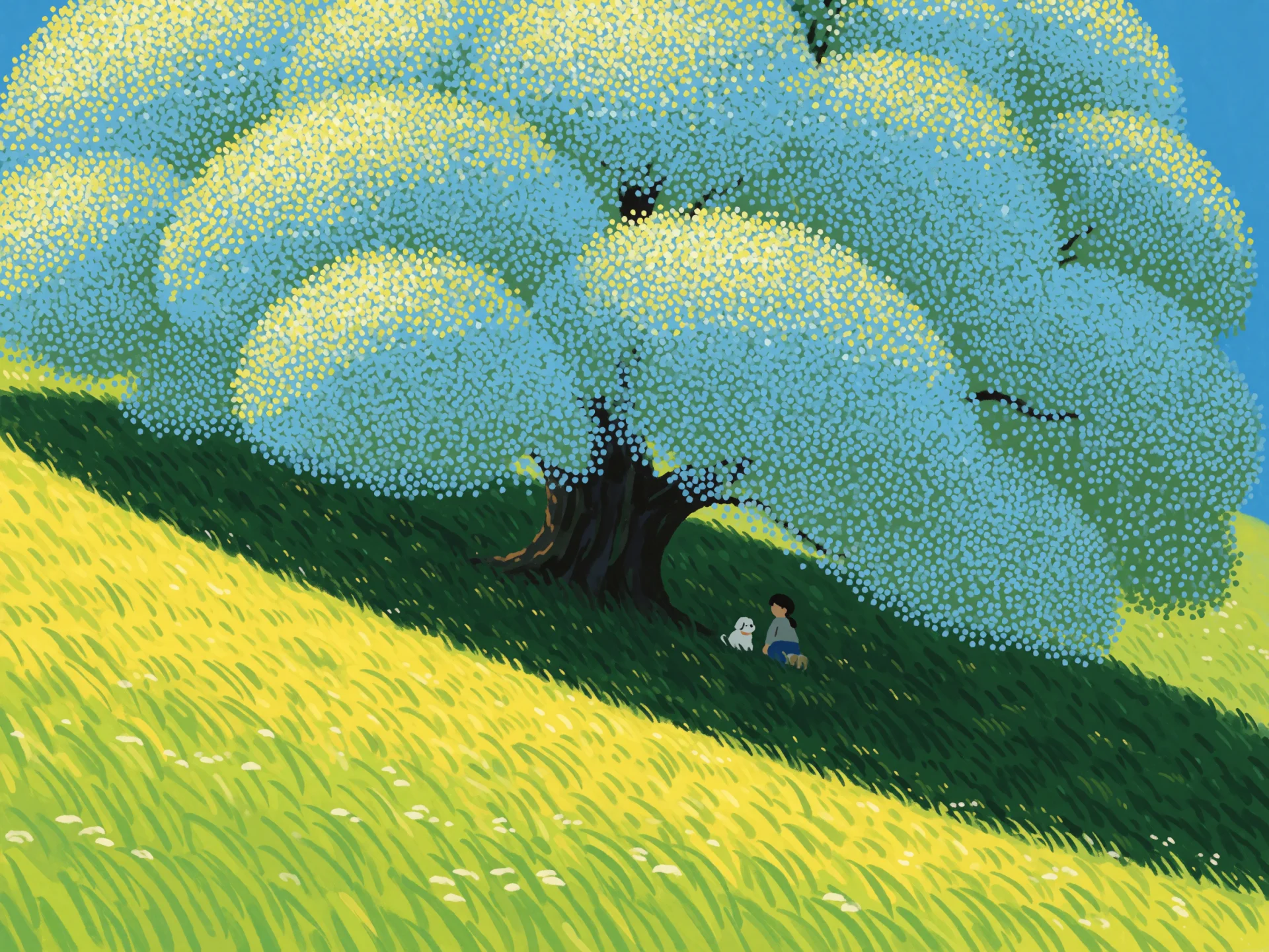 A tiny figure and a white dog sit in the shade of a huge stippled tree on a sunlit hill.