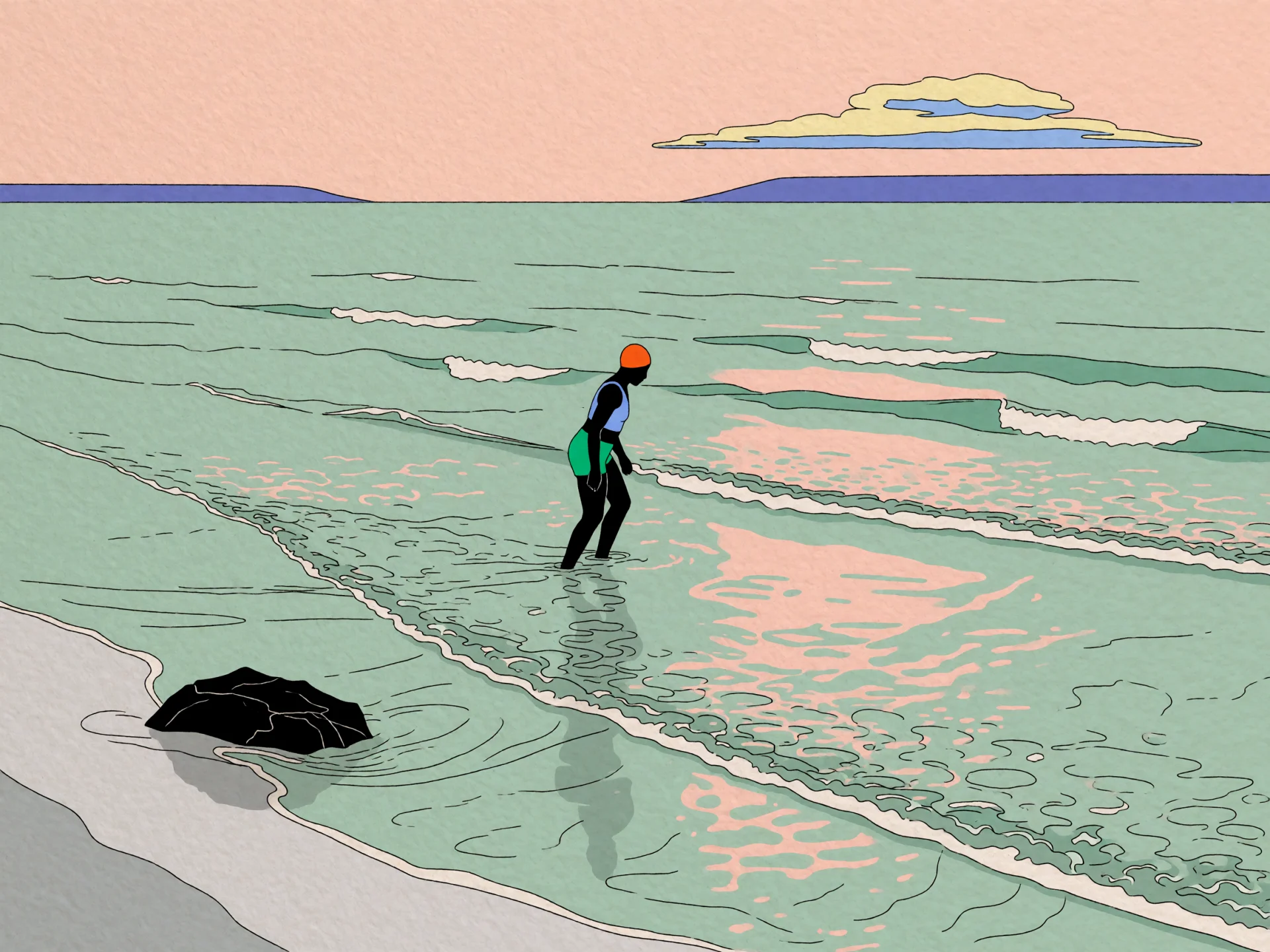 A figure in an orange swim cap wades through mint-green waves under a pale peach sky.