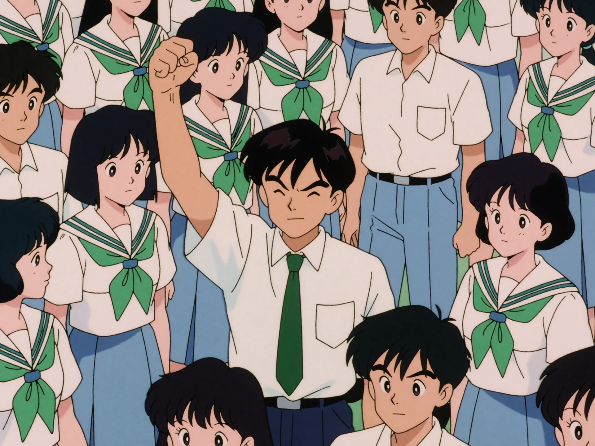 A crowd of anime students in summer uniforms surrounds a boy raising his fist.
