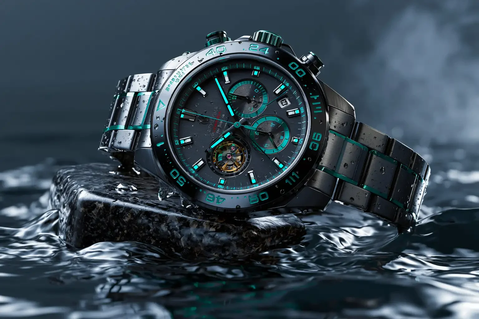 A black chronograph watch with teal accents rests on a stone in dark rippling water.