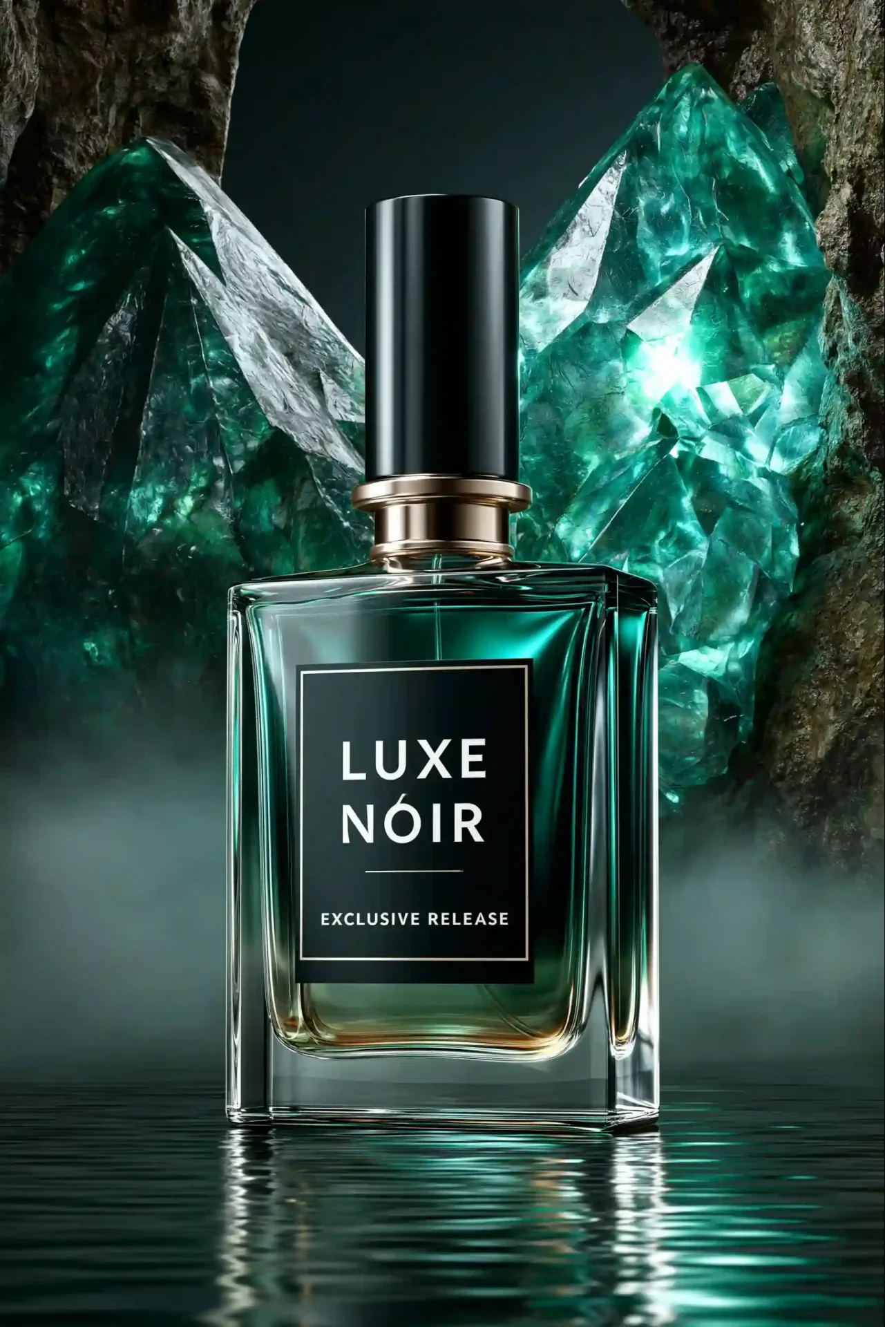 A green glass perfume bottle labeled LUXE NOIR stands among emerald crystals above misty water.
