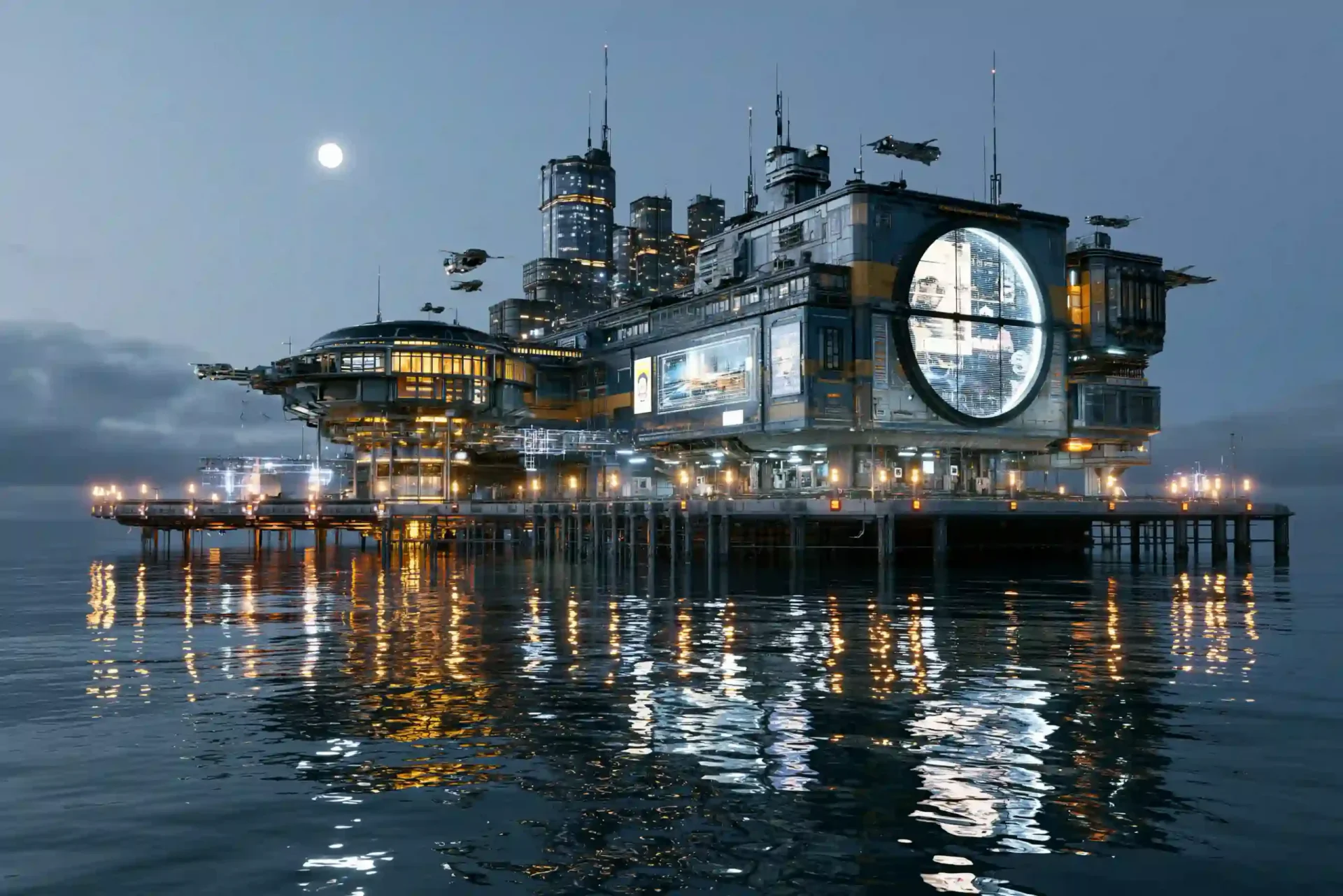 A futuristic complex on stilts glows above calm water under a full moon, with aircraft overhead.