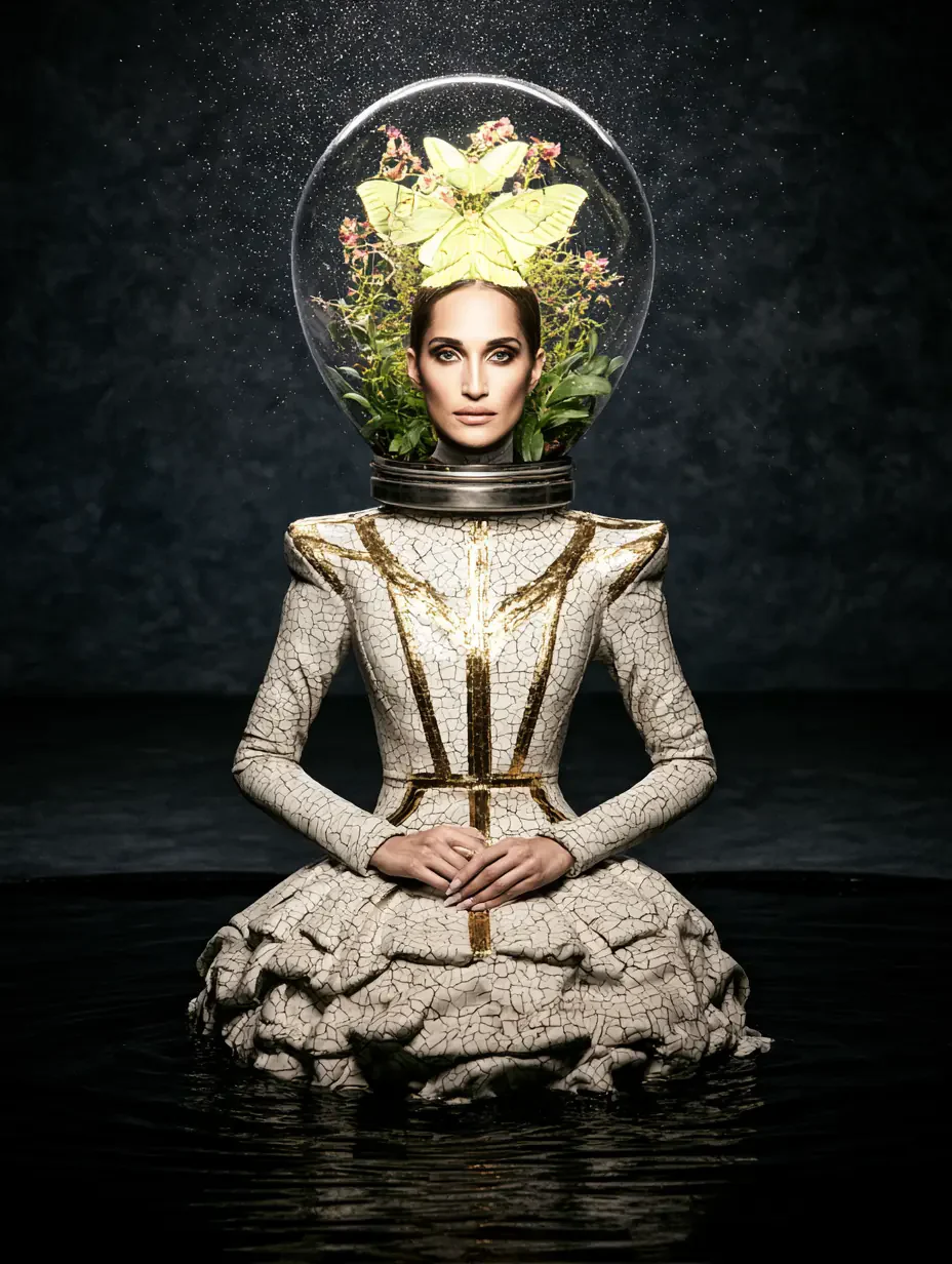 A woman in an embroidered white suit sits on dark water, her glass helmet filled with yellow and green flowers.