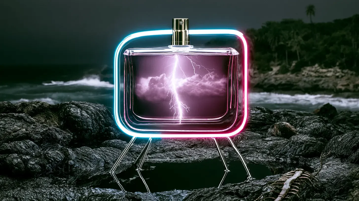 A perfume bottle inside a neon, screen-shaped frame holds a purple lightning storm on a rocky shore.