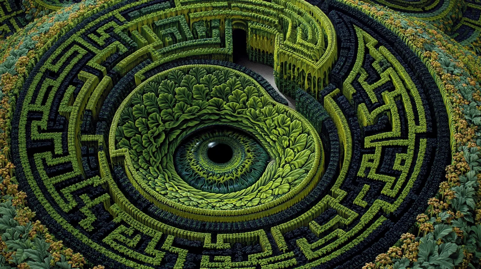 An aerial view of a green hedge maze spiraling into a giant eye at its center.