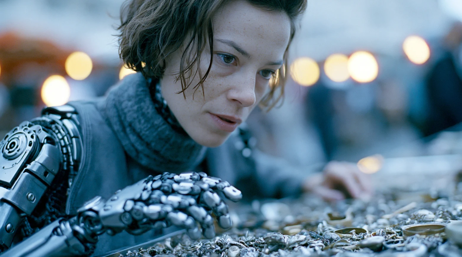 A woman with a robotic arm leans over a table of silver trinkets at an outdoor market.