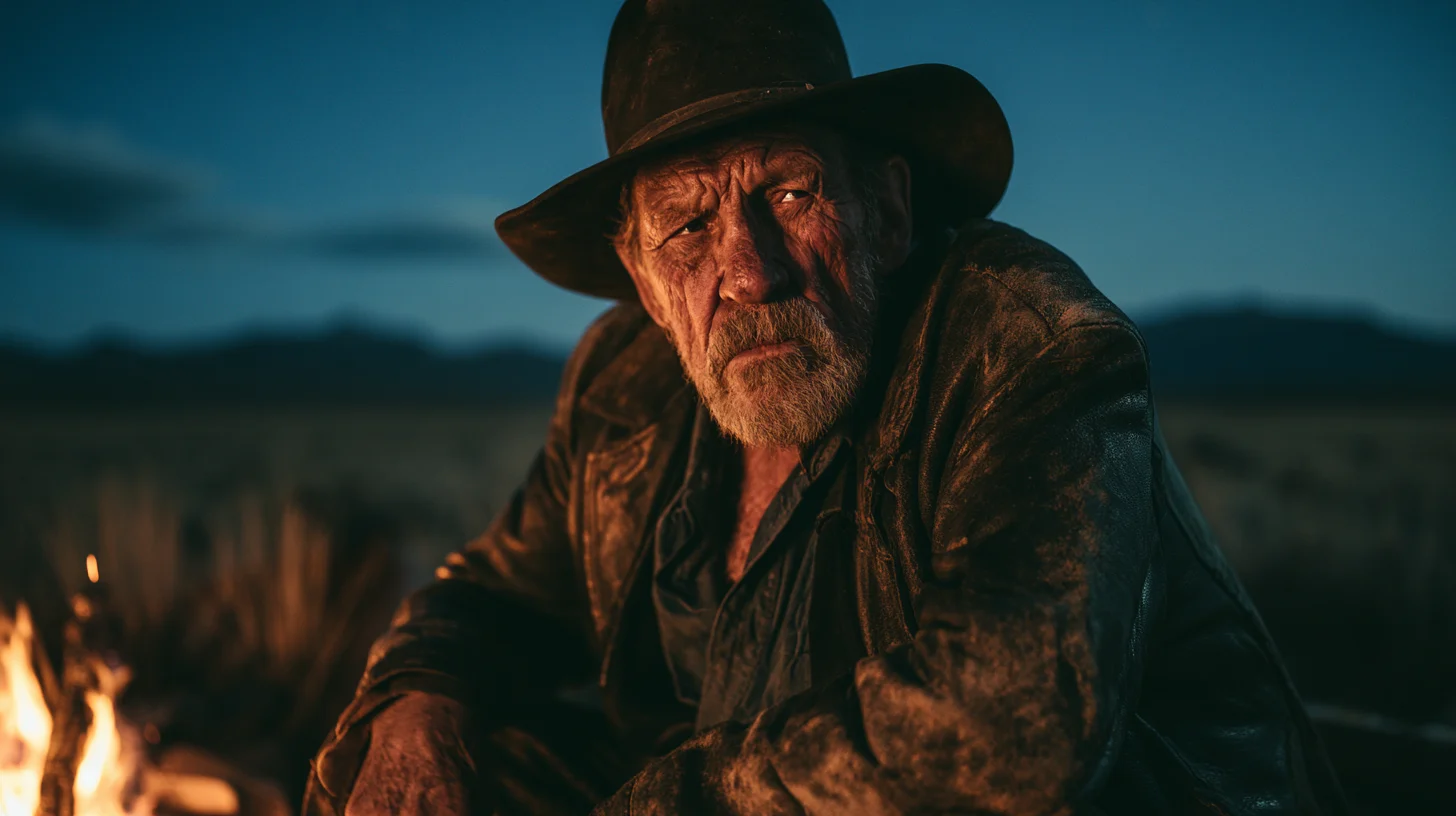 An old cowboy in a weathered leather jacket sits by a campfire under a deep blue night sky.