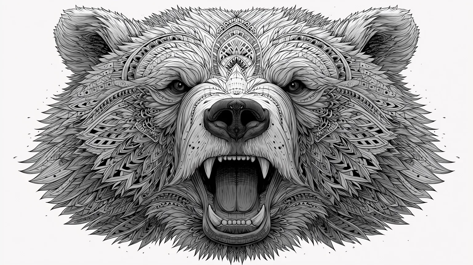 A roaring bear head drawn in dense black ornamental line work on a white background.