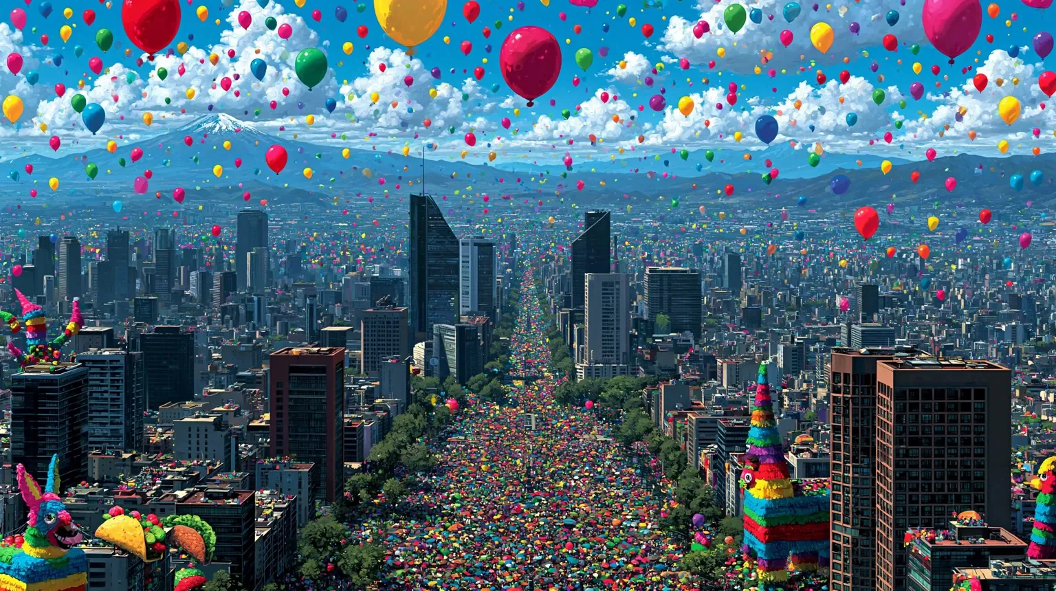 A watercolor view of Mexico City with colorful balloons filling the sky above a crowded avenue.