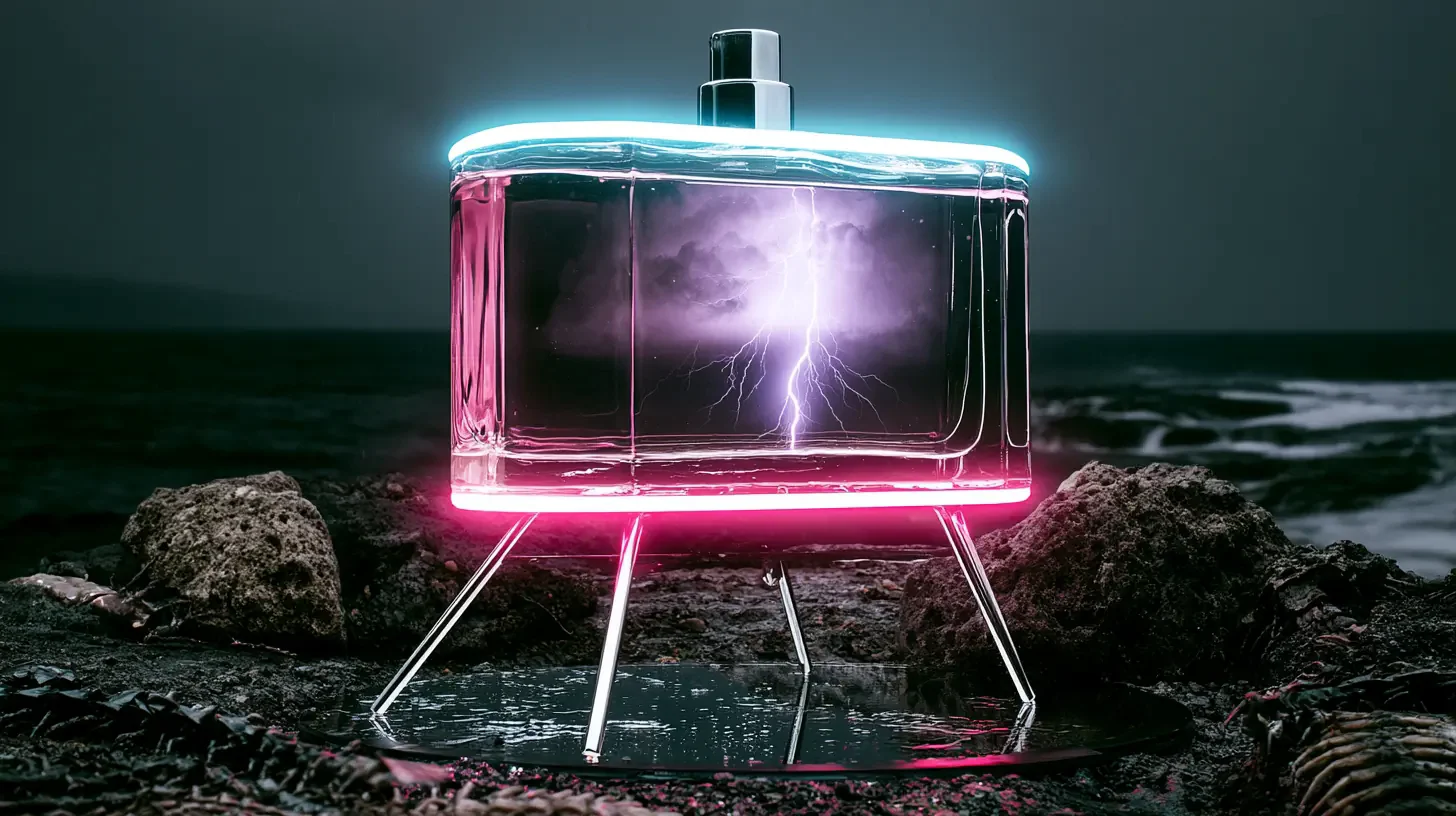 A perfume bottle framed in pink and blue neon holds a small lightning storm, standing on dark coastal rocks.