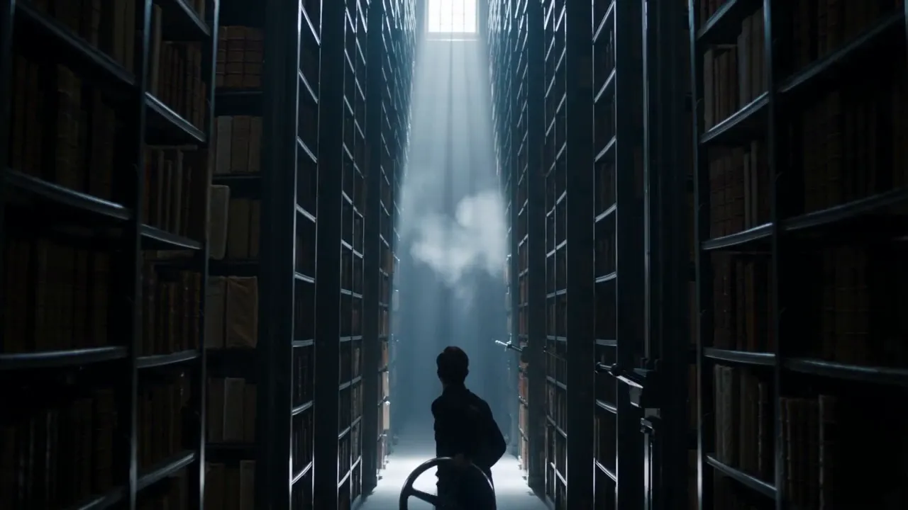 A silhouetted figure moves down an aisle between towering archive shelves toward a shaft of light.