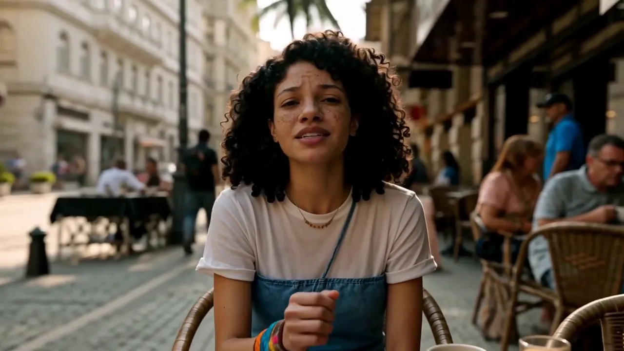 A young woman with curly hair sings to the camera at a sunlit sidewalk café.