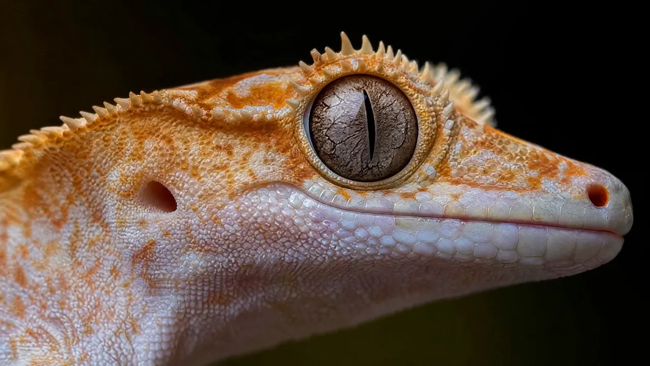 A macro close-up of a crested gecko's eye and textured orange scales.