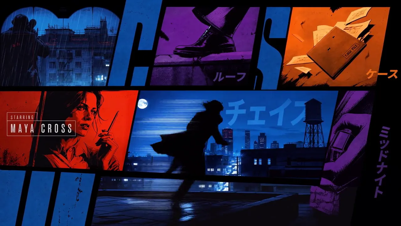 A noir title sequence of comic-style panels with a running silhouette and Japanese and English credits.