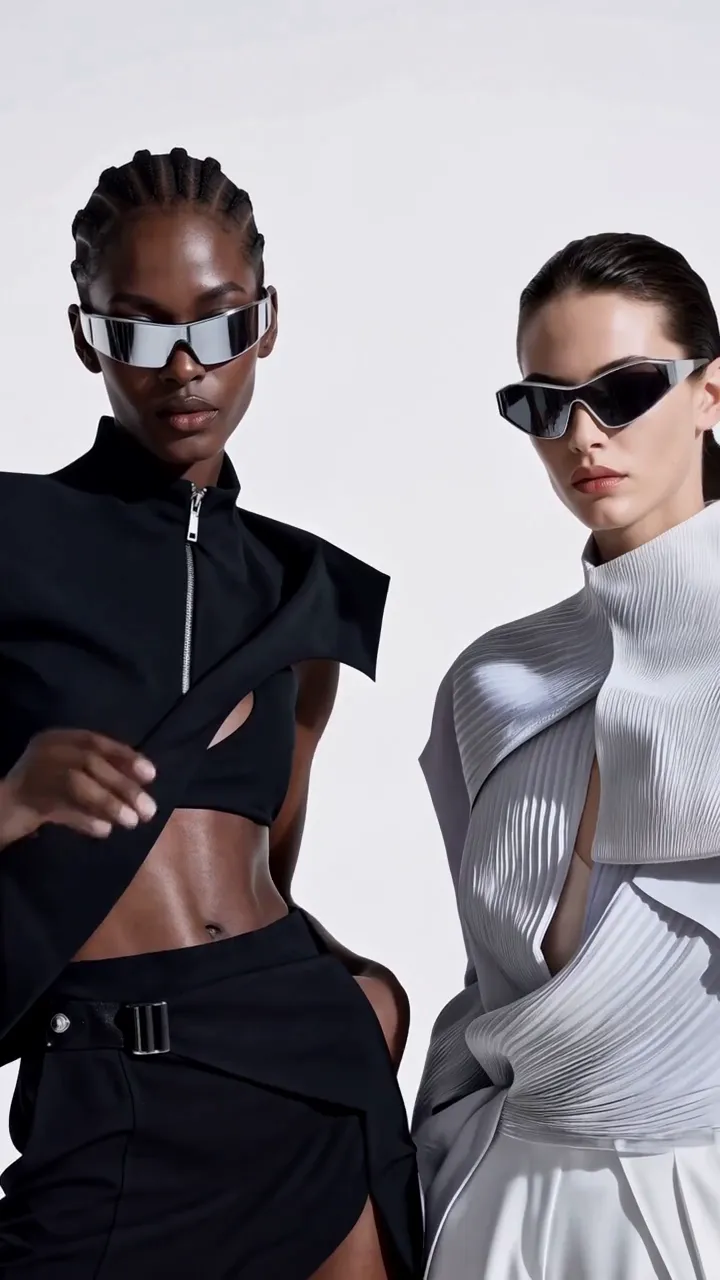 Two models in black and silver outfits pose in mirrored wraparound sunglasses against a white backdrop.