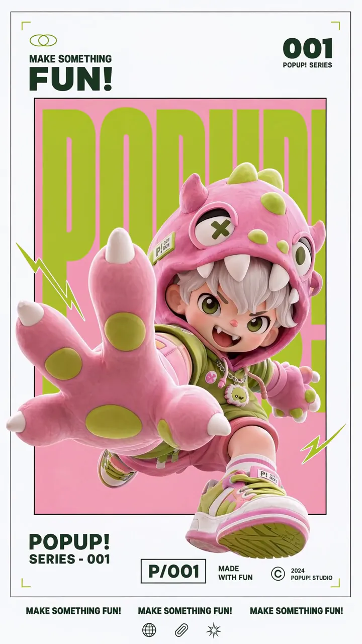 A small character in a pink monster hoodie leaps out of an animated poster toward the camera.