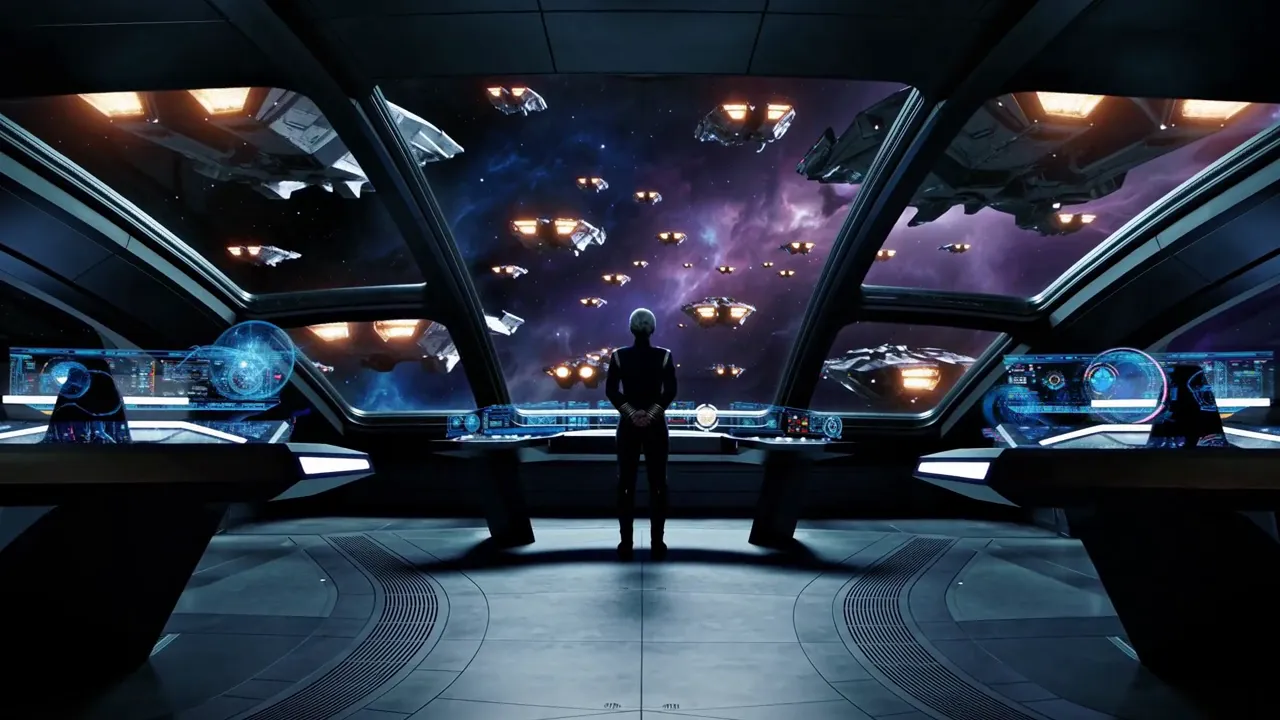 A captain stands alone on a starship bridge before a window full of gathering warships.