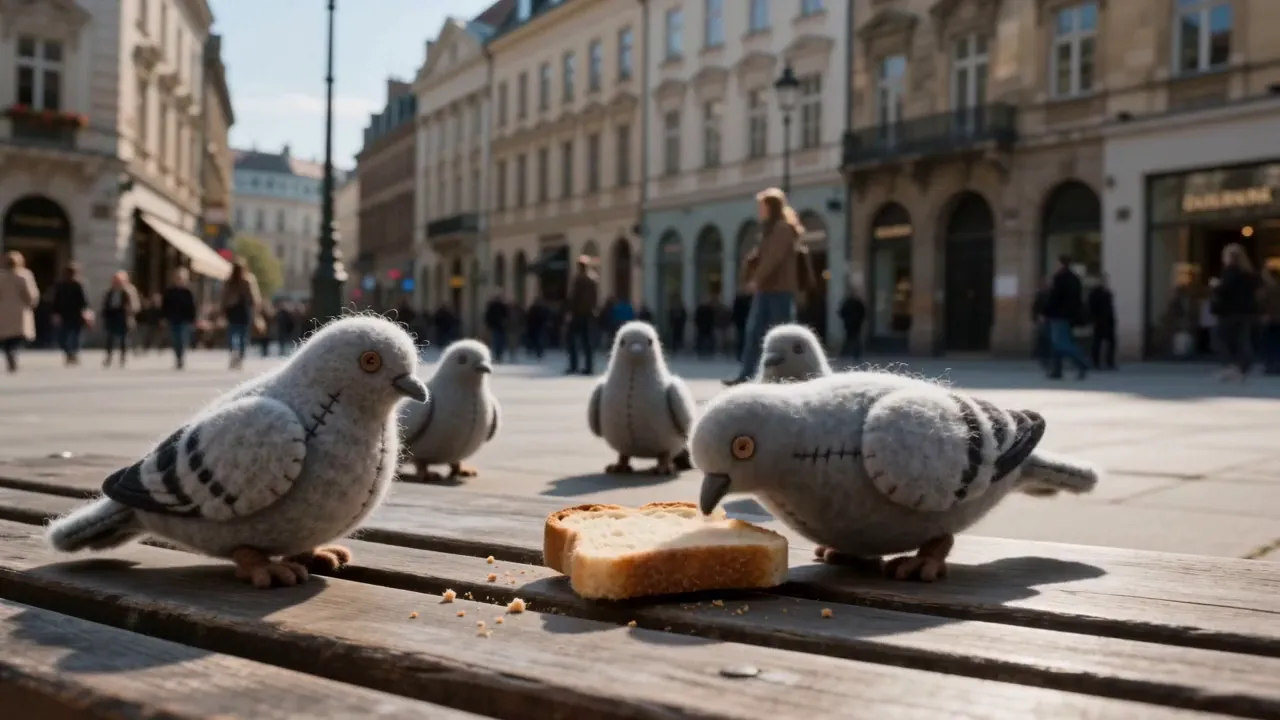 Knitted felt pigeons peck at a slice of toast on a wooden bench in a busy city square.