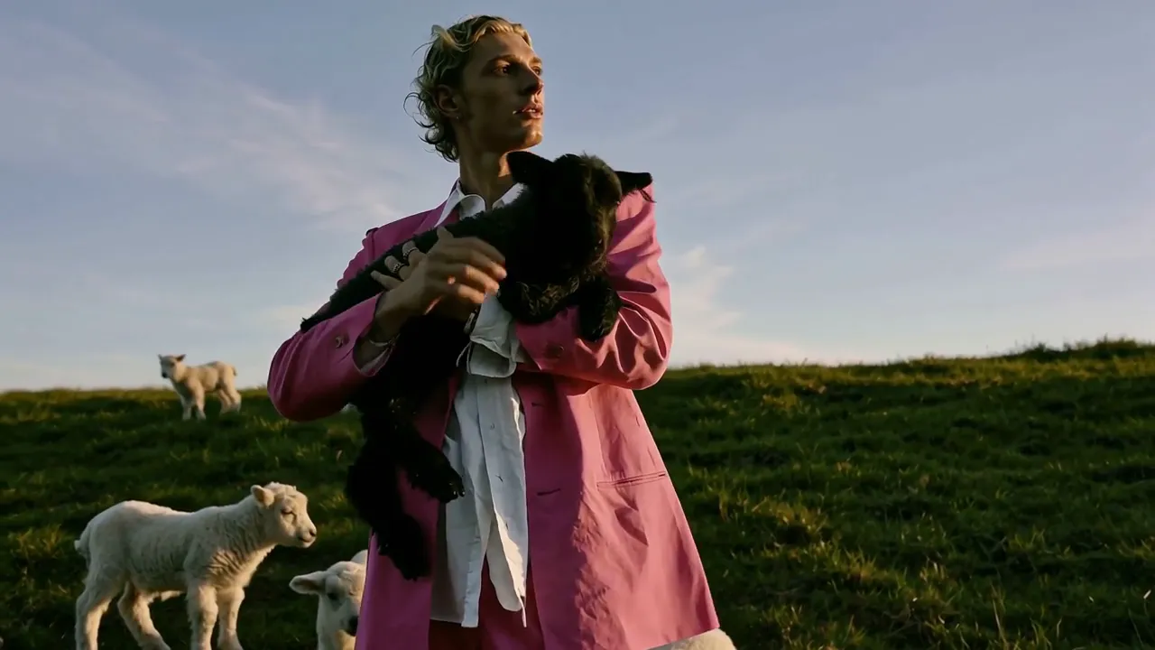 A young man in a pink suit holds a black lamb on a grassy hill at golden hour.
