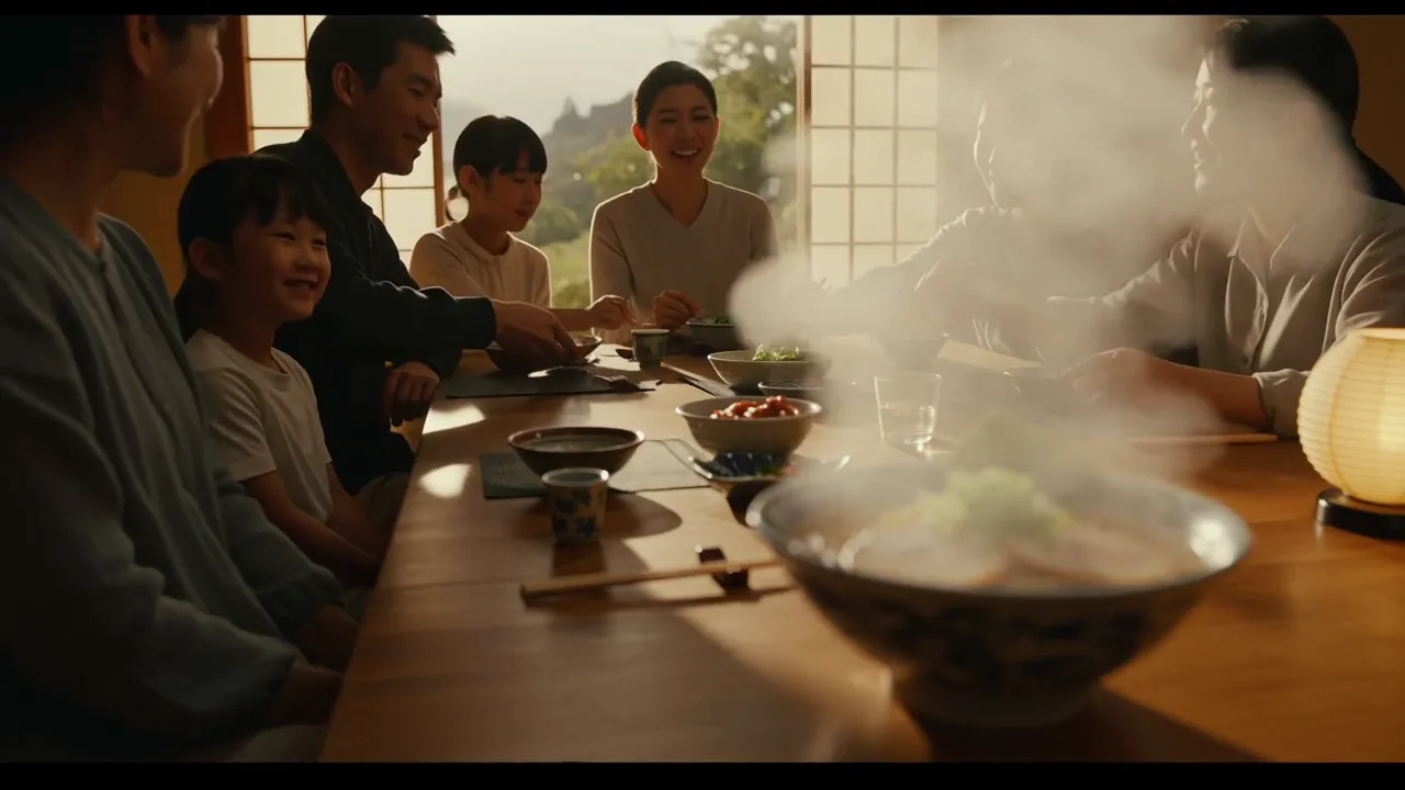 A family laughs around a low wooden table as steam rises from a bowl of ramen in the foreground.