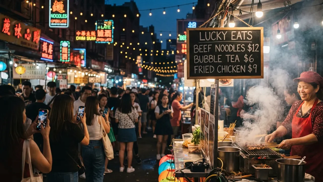 Nano Banana 2 Lite output for the same prompt: a chalkboard headed Lucky Eats lists the same three dishes and prices above a smoky stall and a crowd.