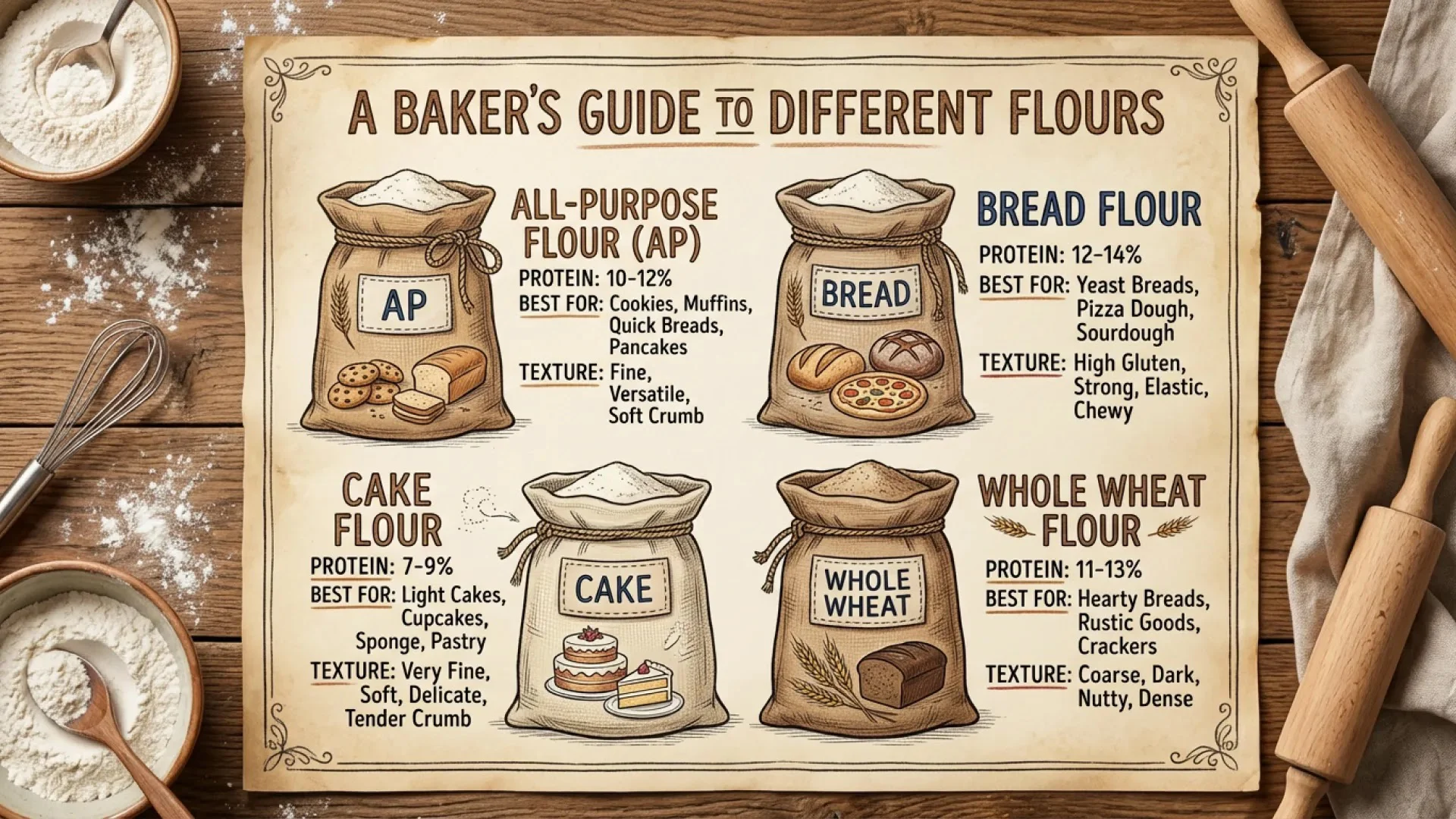 A hand-drawn chart titled A Baker's Guide to Different Flours compares all-purpose, bread, cake and whole wheat flour on a wooden table.